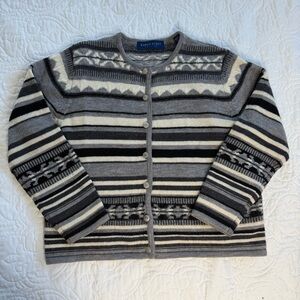 Vtg Karen Scott Wool Fair Isle Gray/Cream Stripe Grannycore Cardigan WM's PL EUC